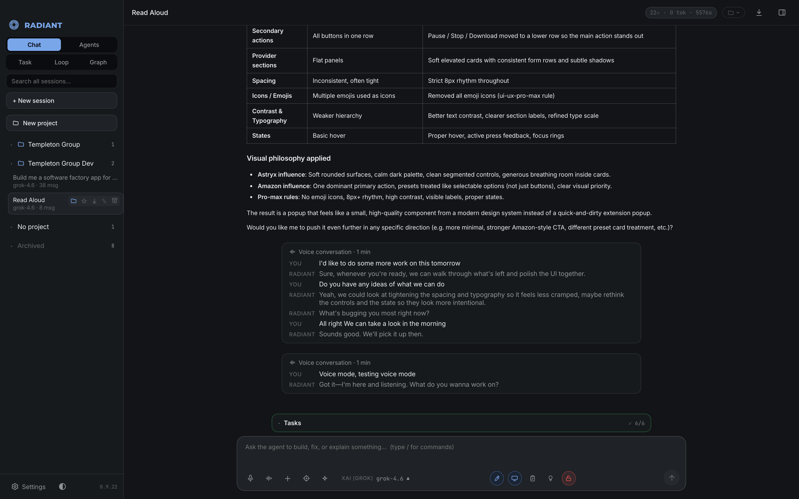 The Radiant app: a coding session with the sidebar, an agent reply with a task checklist and changed files, and the composer