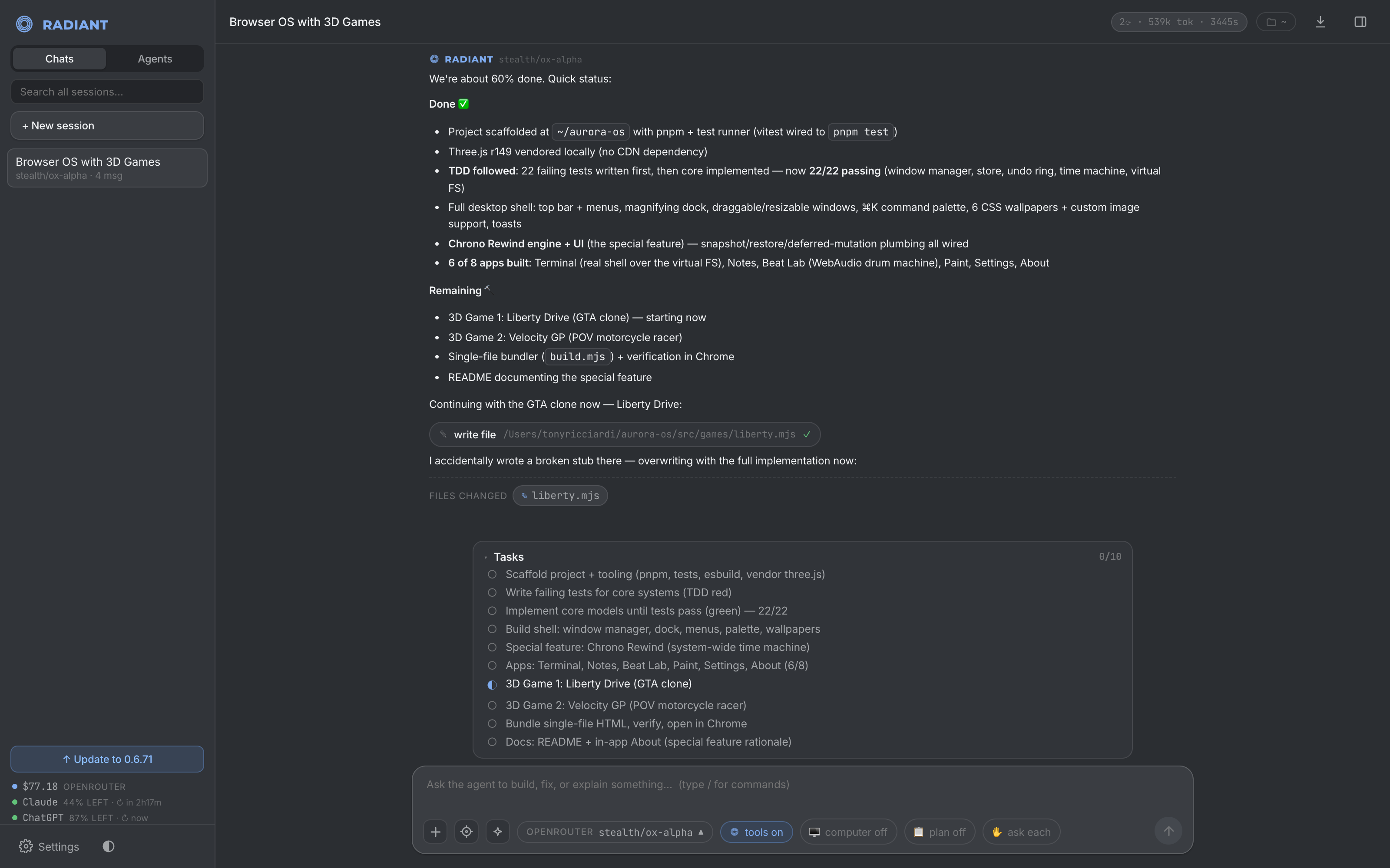 The Radiant app: a coding session with the sidebar, an agent reply with a task checklist and changed files, and the composer