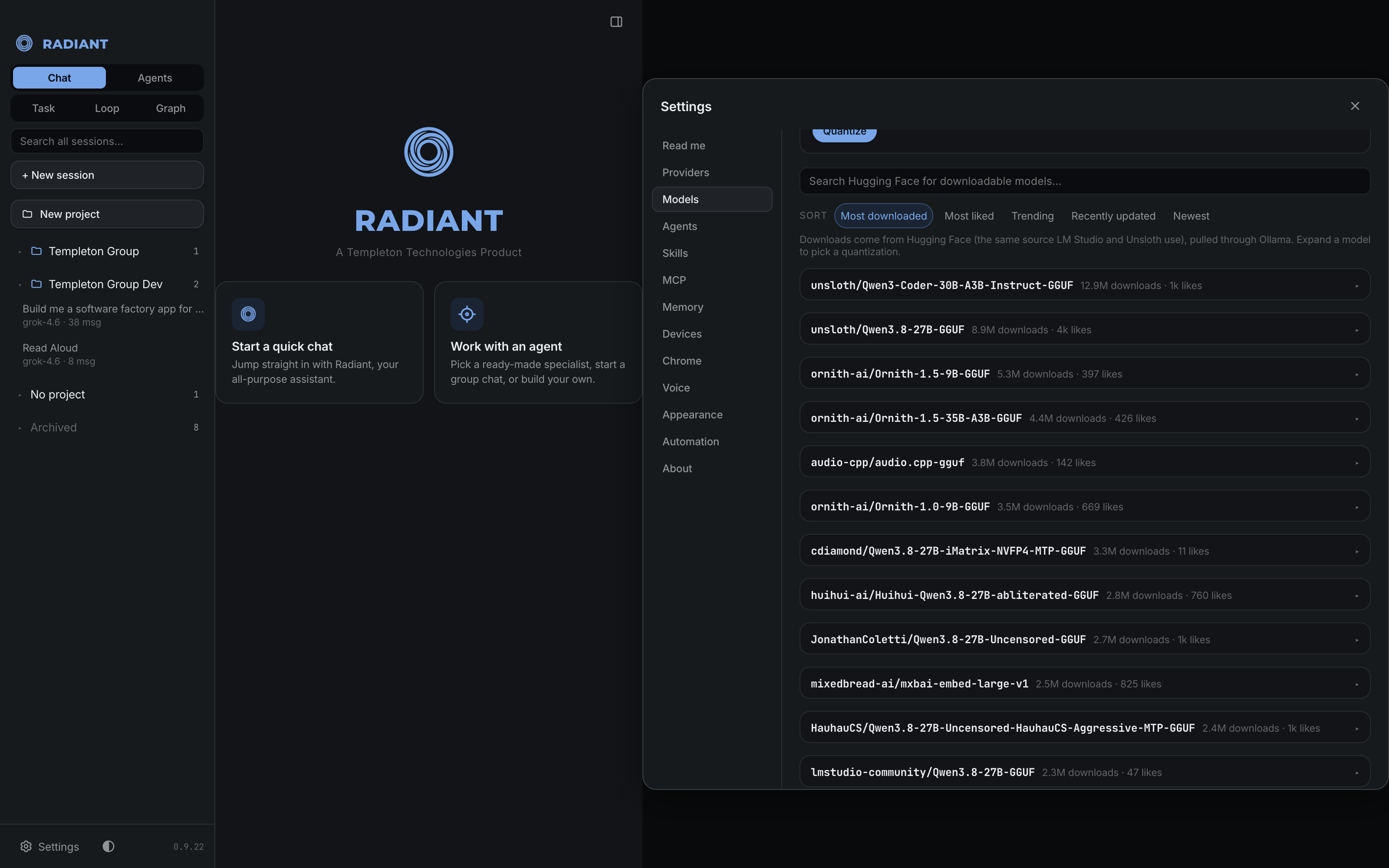 Radiant's Models settings: local models on this Mac with fit and disk-space guidance