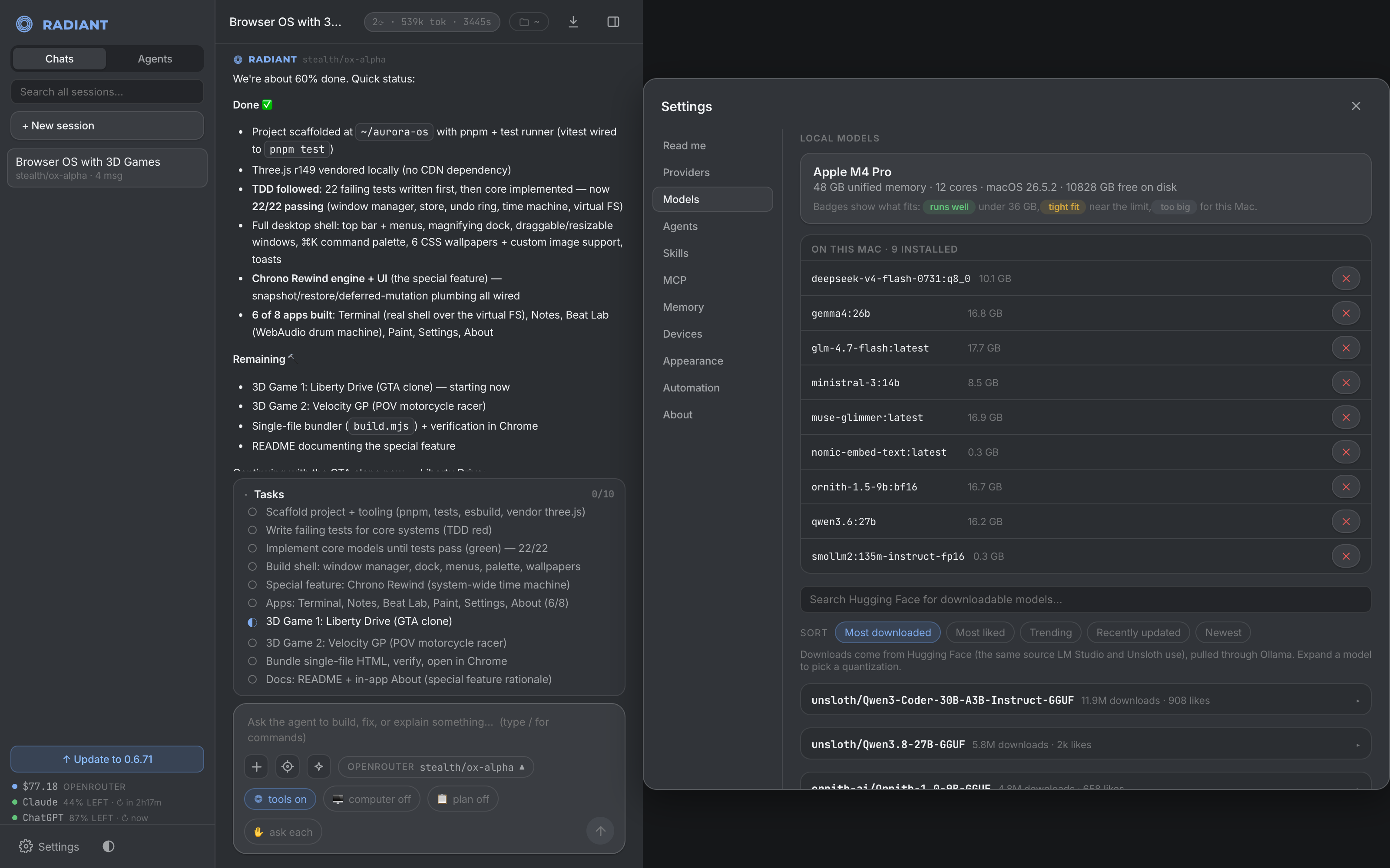 Radiant's Models settings: local models on this Mac with fit and disk-space guidance